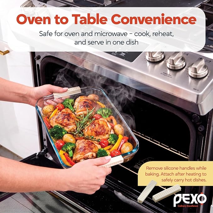 Pexo 8 Piece Glass Baking Dish Set with Plastic Lids, With Silicone Handles for Easy Grip (1.06QT, 1.69QT, 2.32QT, 3.17QT), Clear Glass Casserole Dishes for Oven, Airtight Lids, Glass Bakeware, Freezer, Oven, and Dishwasher safe (White)