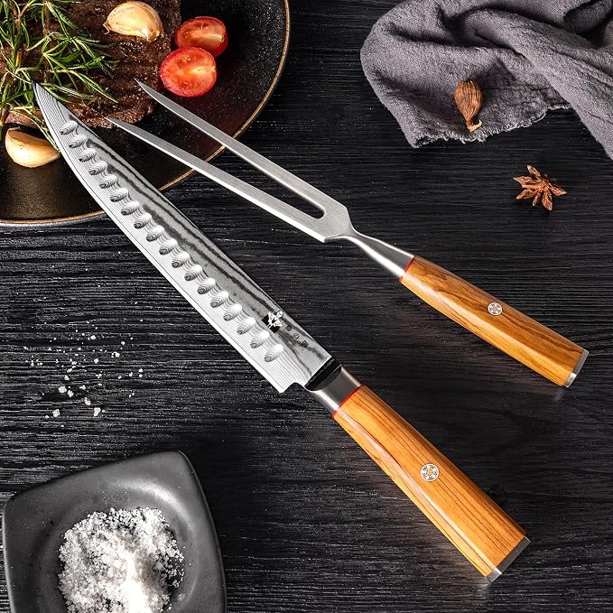 Carving Knife and Fork Set for Meat Turkey - Set of 2 with 9 inch Damascus Slicing Carving Knife and 6 inch Fork - Damascus VG10 Steel 67-Layer - Natural Olive Wood Handle- Exquisite Box