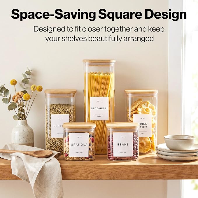 EDELHAUS Glass Storage Containers with Lids - Canister for Pantry Food | Bamboo Lids White Labels Set of 5 - cereal flour sugar rice coffee tea spice pasta noodles dry goods 54 pre-printed labels