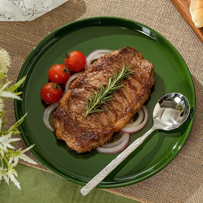Ceramic Dinner Plates, 10.25 Inch, Set for 4, Elegant Green | Flat Dish Design, Microwave & Dishwasher Safe, Perfect for Family and Entertaining, For Steak, Sandwiches, Pizza, Pasta