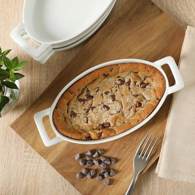Gibson Home Gracious Dining Oval Au Gratin Baking Dishes, 4-Piece Set – 15 oz Oven Safe Ceramic Small Casserole Dishes with Handles, Microwave & Dishwasher Safe Mini Bakeware, White