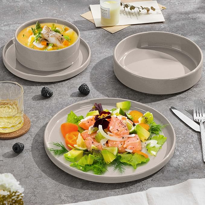 Herogo 24 Piece Plates and Bowls Set, Ceramic Dinnerware Sets with Pasta Bowls, Kitchen Dinner Ware Dishes Service for 6, Chip & Scratch Resistant Dishware, Speckled Coffee Brown