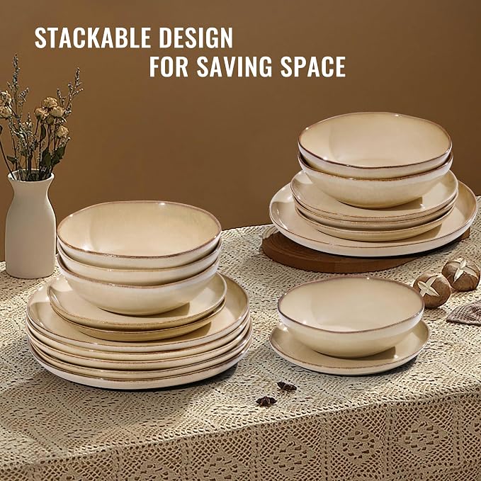 Herogo Dinnerware Sets for 6, 24pcs Stoneware Dinner Dish Set, Irregular Handmade Plates and Bowls Dishware, Crack and Scratch Resistant, Microwave & Dishwasher Safe, Cream Khaki