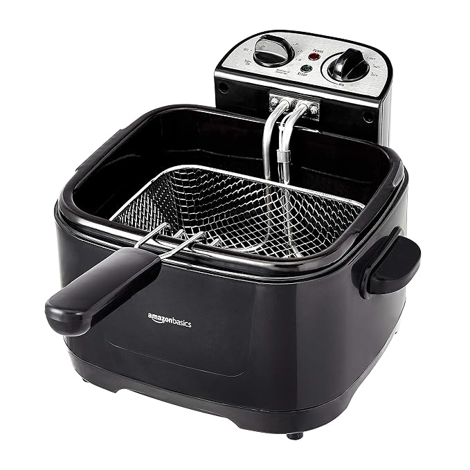 Amazon Basics 2.1-Qt (2.0L) Electric Deep Fryer with 8-Cup Oil Capacity, Adjustable Temperature Control, Timer, Easy Draining Removable Basket, Viewing Window, 1500W, Black
