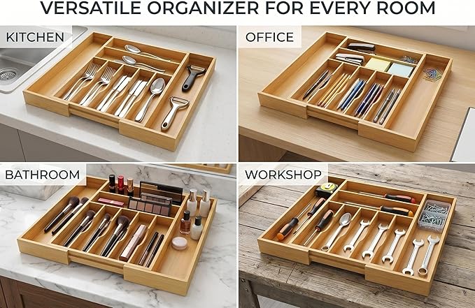Expandable Bamboo Drawer Organizer Tray for Kitchen Utensils, Adjustable Cutlery Organizer with 7-9 Compartments, 13" to 20" Wide Wood Drawer Divider for Home
