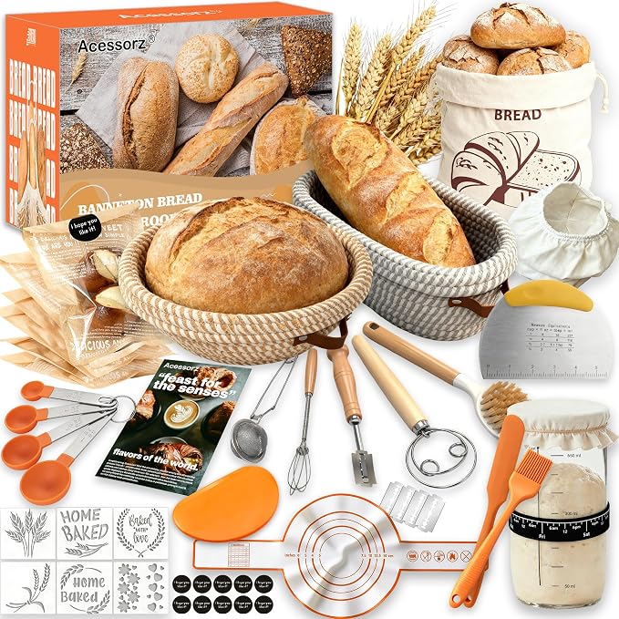 Sourdough Bread Baking Supplies,Sourdough Starter Kit,2 Cotton Rope Banneton Proofing Basket,Bread Proofing Basket Making Tool Kit,Sour Dough Kit Tools,Baking Gifts for Women,Bakers,Wife,Mom