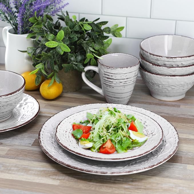 Elama Malibu Calcite 16-Piece Stoneware Embossed Pattern Reactive Glaze Light Gray Dinnerware Set, Tableware, Serveware Set (Calcite Gray)
