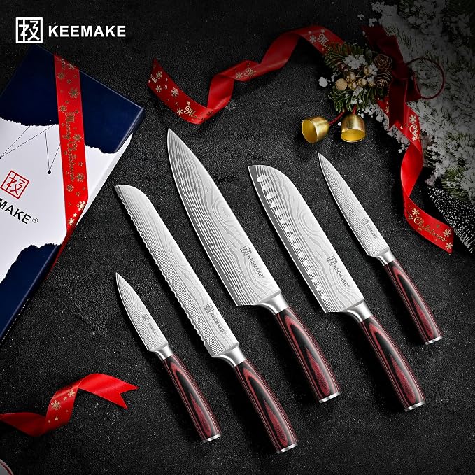 KEEMAKE Knife Set 5 Pieces, Professional Kitchen Knife Set, High Carbon Stainless Steel Chef Knife Set, Ultra Sharp Blade Knives Set for Kitchen with Ergonomic Pakkawood Handle & Gift Box