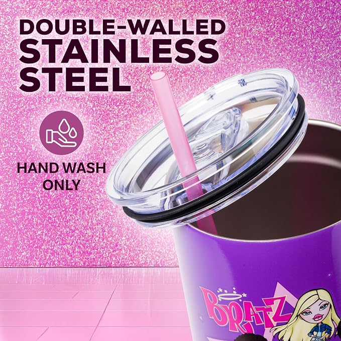 Silver Buffalo Bratz Featuring Cloe, Yasmin, Jade, and Sasha Double Walled Stainless Steel Tumbler with Handle and Straw, Fits in Standard Cup Holder, 40 Ounces