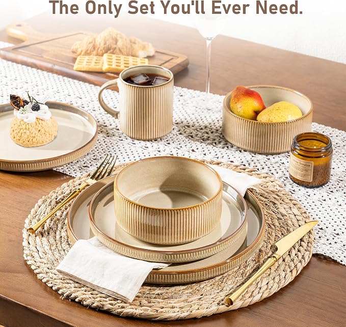 GBHOME 12-Piece Stoneware Dinnerware Set for 4 – Ribbed Ceramic Plates and Bowls, Scratch-Resistant, Microwave & Dishwasher Safe, Reactive Glaze, Barley Latte