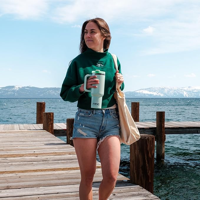 RTIC 40 oz Road Trip Tumbler Double-Walled Cermaic Lined Insulated Stainless Steel Portable Travel Coffee Mug Cup with Lid, Handle and Straw, Fresh Mint Glitter