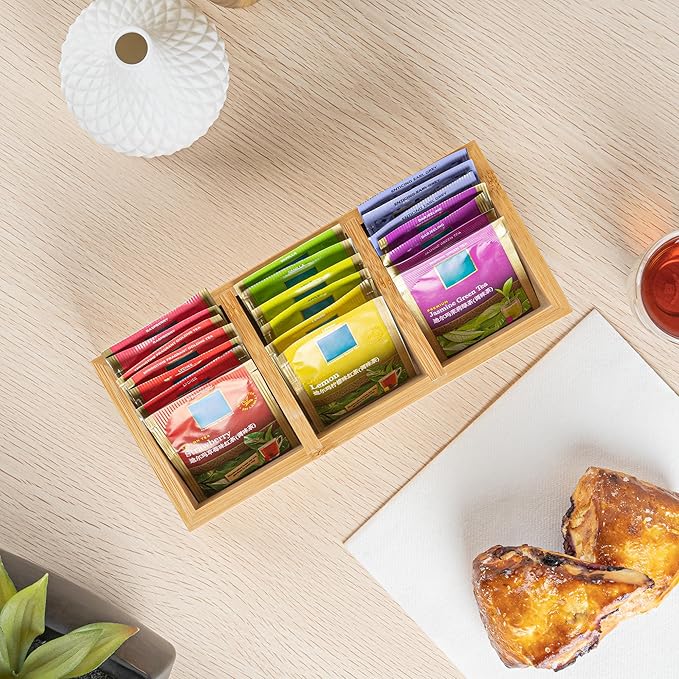 Restaurantware-9.5 x 4.25 x 2 Inch Coffee Condiment Organizer, 1 Rectangle Creamer Organizer - 3 Compartments, Break-Resistant, Bamboo Coffee Accessory Caddy, Won't Chip, For Tea And Sugar Packets