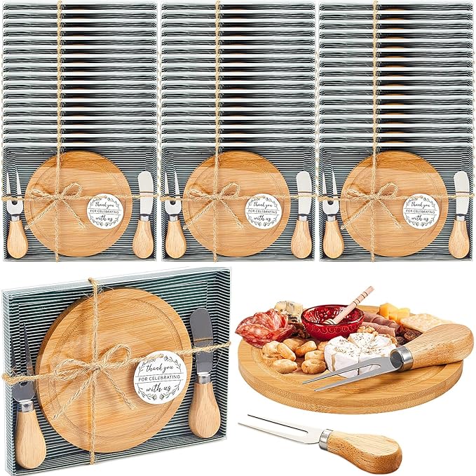 Maxcheck 50 Sets Baby Shower Bridal Game Prizes for Winners Round Cheese Board Set Wood Mini Charcuterie Board with Knives and Forks Thank You Card with Gift Box for Guests Wedding (Bamboo)