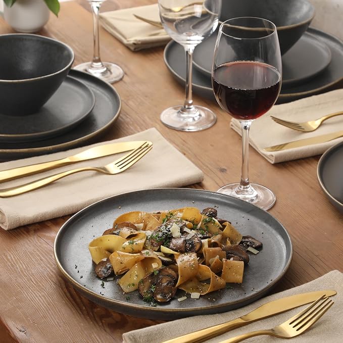 Gibson Elite Coastal Forest Plates and Bowls Sets, 12-Piece Stoneware Dinnerware Sets, Triple Reactive Glaze Dish Set - Black