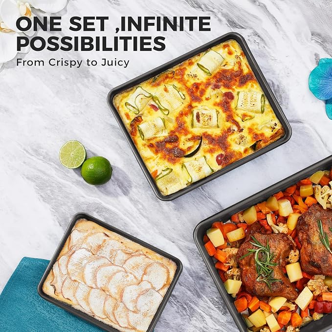 HONGBAKE Deep Baking Pans Set for Oven, Nonstick Rectangle Sheet Cake Baking Pans, 13/11/9 Inch Rectangular Oven Tray for Cooking Brownie Lasagna, Stackable Multi-Depth Bakeware, Black