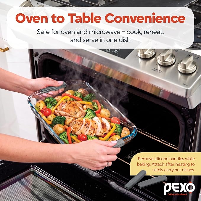 Pexo 8 Piece Glass Baking Dish Set with Plastic Lids, With Silicone Handles for Easy Grip (1.06QT, 1.69QT, 2.32QT, 3.17QT), Clear Glass Casserole Dishes for Oven, Airtight Lids, Glass Bakeware, Freezer, Oven, and Dishwasher safe (Gray)