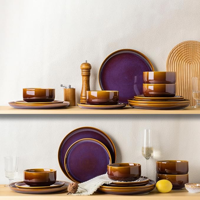 TheTerra Ceramic Dinnerware Sets for 8, 24 Pieces Handmade Reactive Glaze Plates and Bowls Set, Scratch Resistant Dish Set, Oven & Microwave & Dishwasher Safe, Amber Amethyst