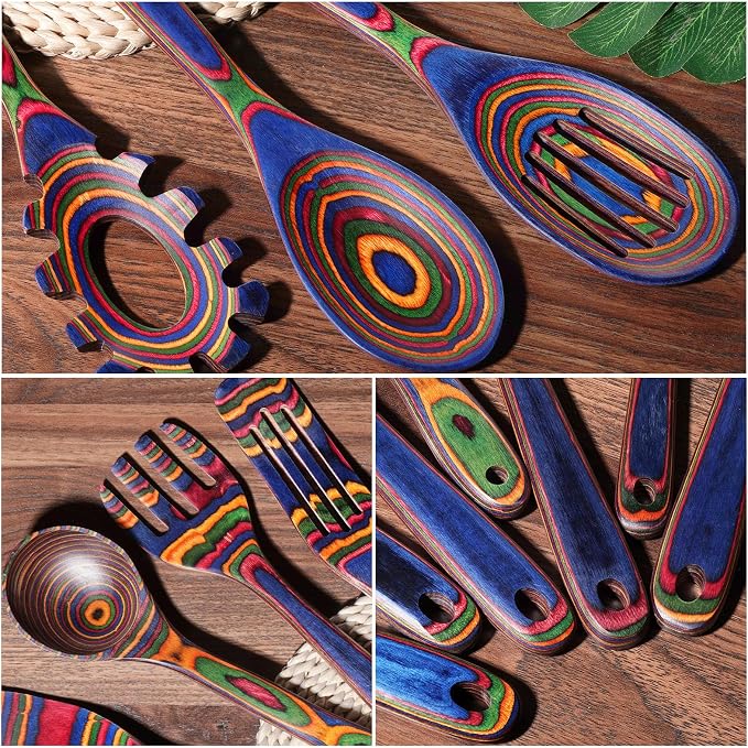 MYRAINBOW Wooden Spoons for Cooking – 7 Piece Pakkawood Kitchen Utensils Set with Spatulas, Spoons, Ladles, and Turner for Mixing, Serving & Cooking