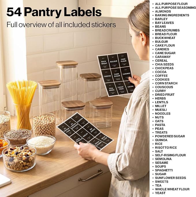 EDELHAUS Glass Storage Containers with Lids - Canister for Pantry Food | Acacia Lids Black Labels Set of 5 - cereal flour sugar rice coffee tea spice pasta noodles dry goods 54 pre-printed labels