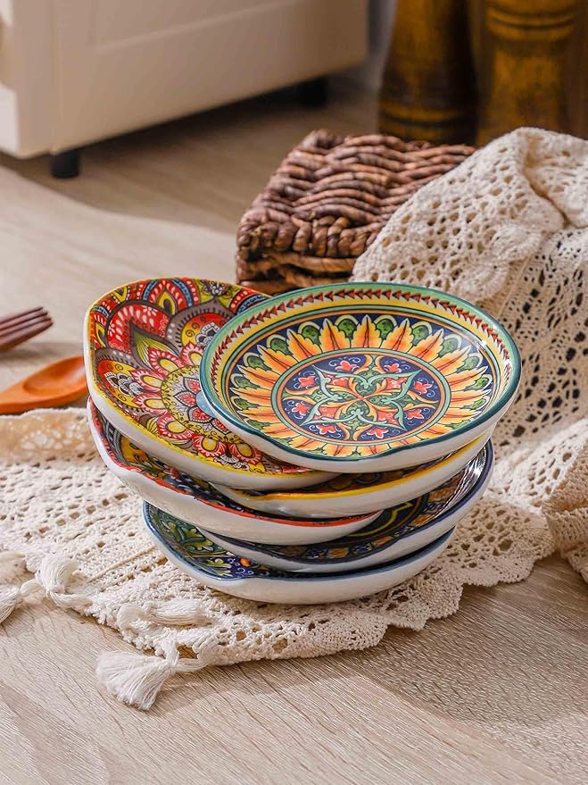 Henten Home Ceramic Spoon Rest for Stove Top, Bohemia Porcelain Spoon Holder Set of 6, Colorful Appetizer Plates for Sushi, Snack, Dishwasher & Microwave Safe