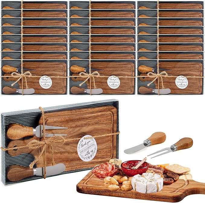 Ziliny 24 Sets Bridal Baby Shower Cheese Prizes Wooden Square Board Gift Set Knives Forks Thank You Tags with Box for Guests for Valentines Bridal Baby Shower Housewarming (Acacia Color)