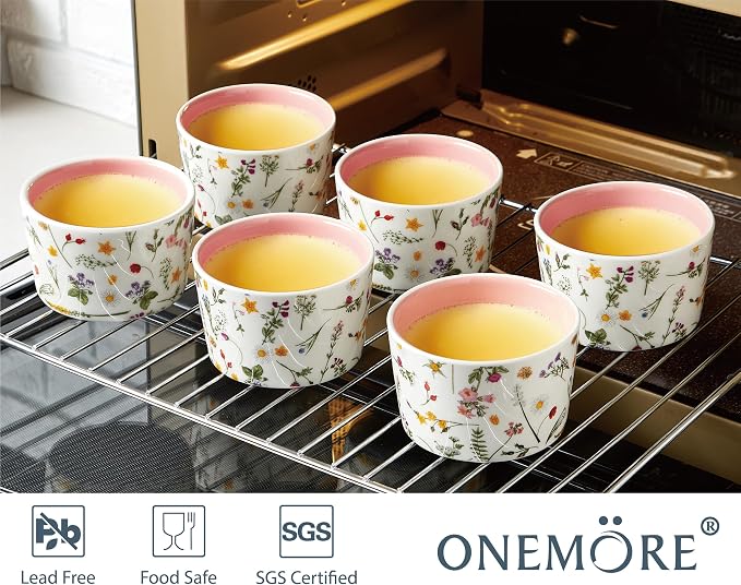 ONEMORE 6 oz Ramekins Oven Safe, Floral Ceramic Ramekin Set of 6 Pink Ramekins for Baking & Serving, Creme Brulee Dishes, Custard Pudding Souffle Cups, Small Dessert Bowls for Oven, Air Fryer
