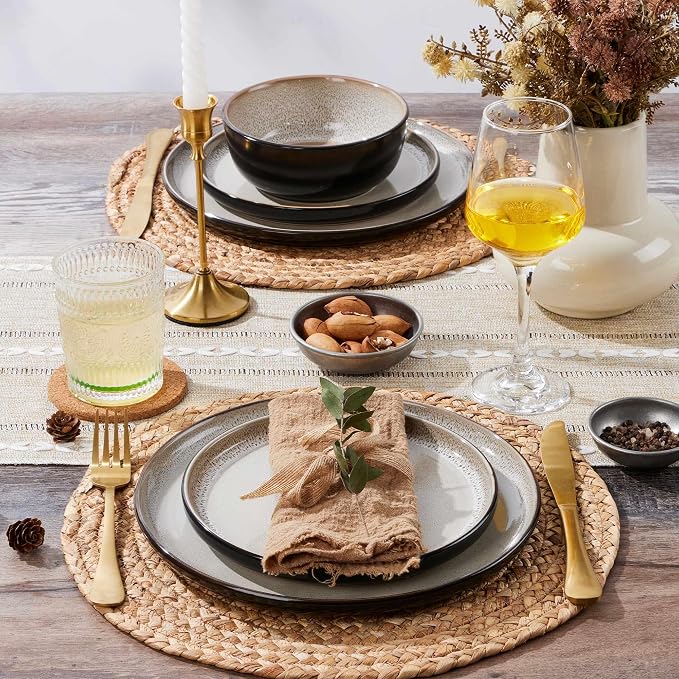 LIANYU Porcelain Dinnerware Sets, 12 Piece Ceramic Plates and Bowls for 4, Dishwasher & Microwave Safe Stoneware Dishes Set, Chip and Scratch Resistant Kitchen Dishware Set, Tidal Khaki