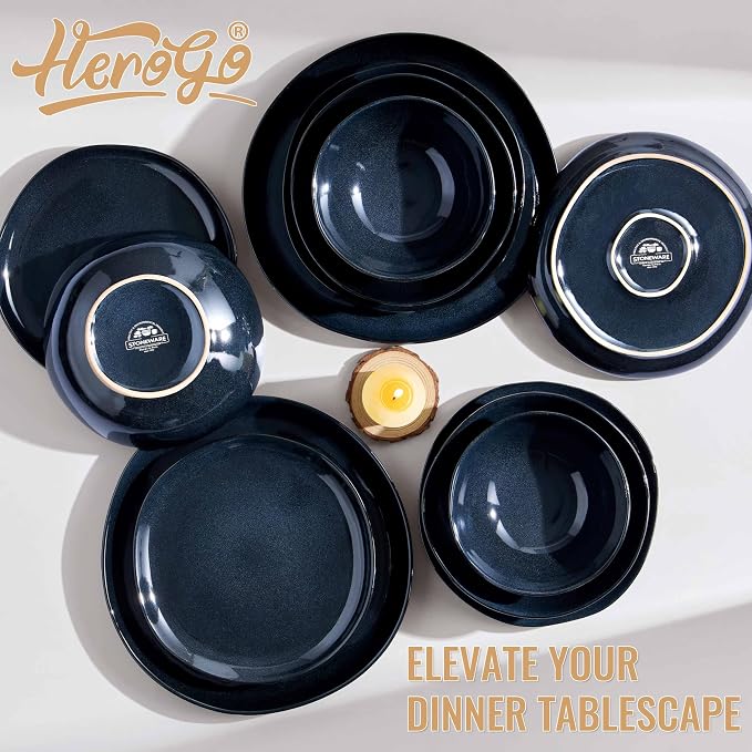 Herogo Stoneware Dinnerware Sets for 6, 24 Piece Ceramic Dinner Dishes Set, Irregular Handmade Plates and Bowls Dishware, Crack and Scratch Resistant, Starry Blue