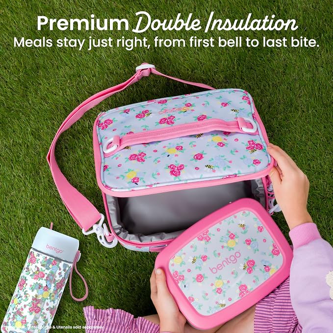 Bentgo Kids Prints Lunch Bag - Double-Insulated, Reusable, for Kids 3+, Adjustable Strap; Holds Lunch Box/Water Bottle/Snacks; Easy-Clean, Water-Resistant, Pockets (NEW Blooming Floral)