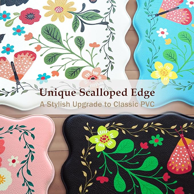 Arenarug Scalloped Black Kitchen Mats for Floor Cushioned Anti Fatigue Kitchen Mats Rugs Waterproof Non Slip Farmhouse Boho Floral Comfort Foam Standing Mat for Sink Laundry, 17.3x47