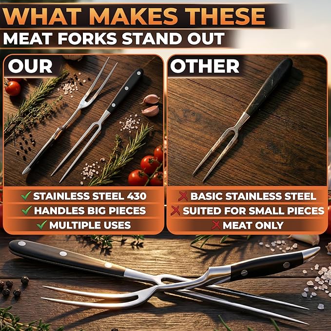 2 Pcs Carving Fork for Meat – 12 Inch Stainless Steel Meat Forks for Kitchen, Heat-Resistant Non-Slip Handles – Two-Prong Straight & Curved BBQ Fork for Slicing, Grilling & Serving