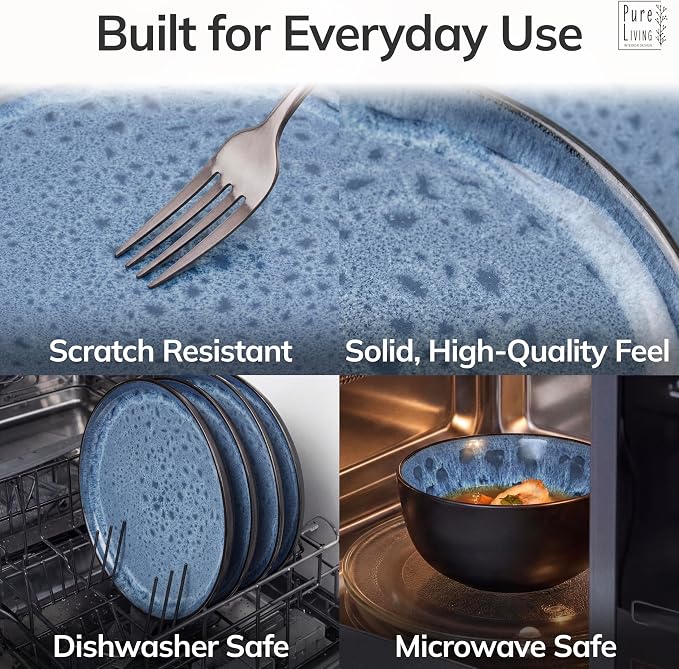 24 Piece Stoneware Dinnerware Set for 8 - Handmade Reactive Glaze Plates and Bowls Set - Chip & Scratch Resistant Dish Set - Dishwasher Microwave Safe - Deep Blue