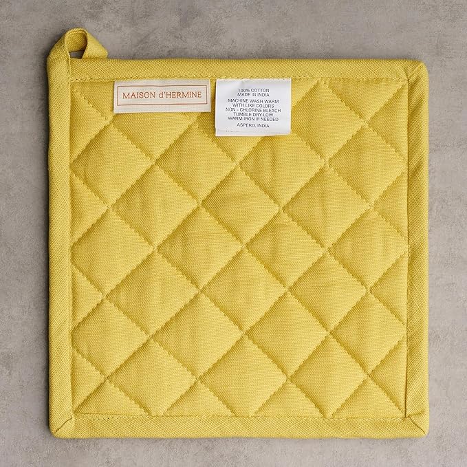 Maison d' Hermine Pot Holders 100% Cotton Heat Resistant Potholders 8" x 8" Hot Pads with Loop BBQ Cooking Baking Gifts for Mothers Day Handling Hot Pans Spring/Summer (Pack of 2, Limoncello)
