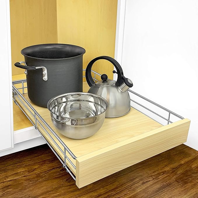 LYNK PROFESSIONAL® SELECT™ Slide Out Cabinet Organizer Pull Out Drawer, 14" x 21" Pull Out Cabinet Organizer – Pull Out Shelves for Kitchen Cabinets – Roll Out - Lifetime Ltd. Warranty, Wood Chrome