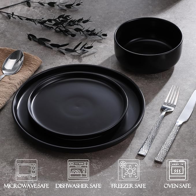 LIANYU Plates and Bowls Sets for 2, 6 Piece Stoneware Dinnerware Set, Porcelain Dishware for Kitchen and Dining, Microwave Oven Dishwasher Safe, High temperature & Scratch Resistant, Matte Black