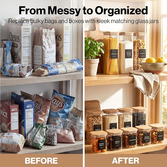 EDELHAUS Glass Storage Containers with Lids - Canister for Pantry Food | Bamboo Lids Black Labels Set of 5 - cereal flour sugar rice coffee tea spice pasta noodles dry goods 54 pre-printed labels