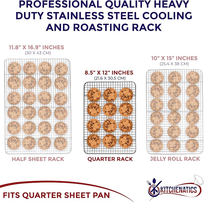 KITCHENATICS Quarter Sheet Cooling Rack Stainless Steel Oven Safe Set 2 | Fits standard quarter sheet pans for grilling, broiling, drying and draining grease while cooking