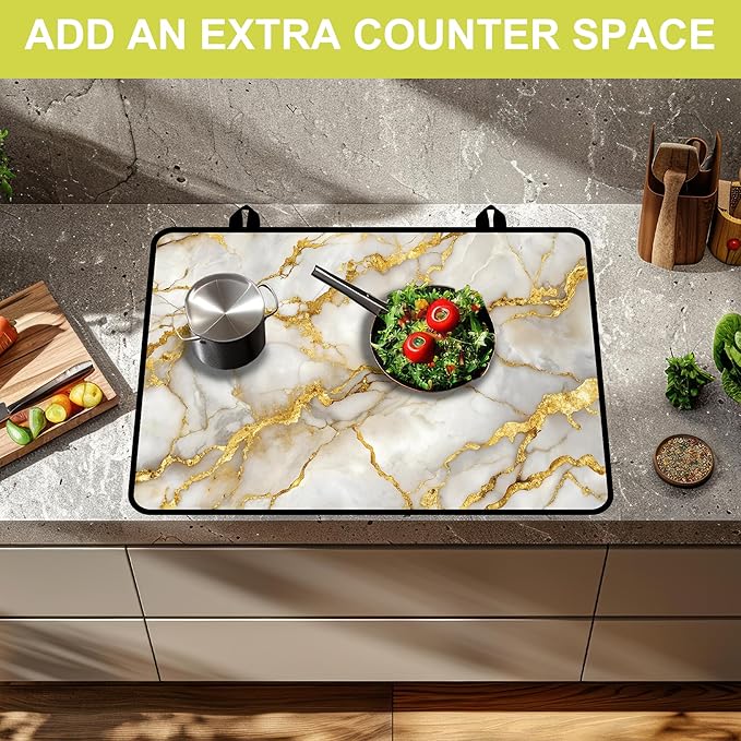 Glass stove top cover 28"x 20", Stove Top Covers for Electric Stove, Flat Range Mat for Glass Cooktop, Kitchen Heat-Resistant Protector Mat Non-Slip Drying Mat (Golden Marble Pattern)