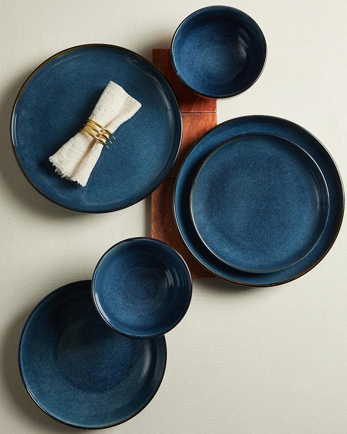 Pokini 24 Piece Double Bowl Dinnerware Sets with Pasta Bowls, Highly Chip and Crack Resistant Plates and Bowls Sets, Natural Earthyware Ceramic Dishware Sets, Service for 6 Starry Blue