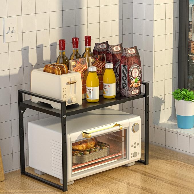 Redrubbit Extendable Microwave Oven Rack, Heavy Duty Steel Metal Shelf Adjustable Height Home Office Pantry Shelf Space for Kitchen Counter Organization, Black