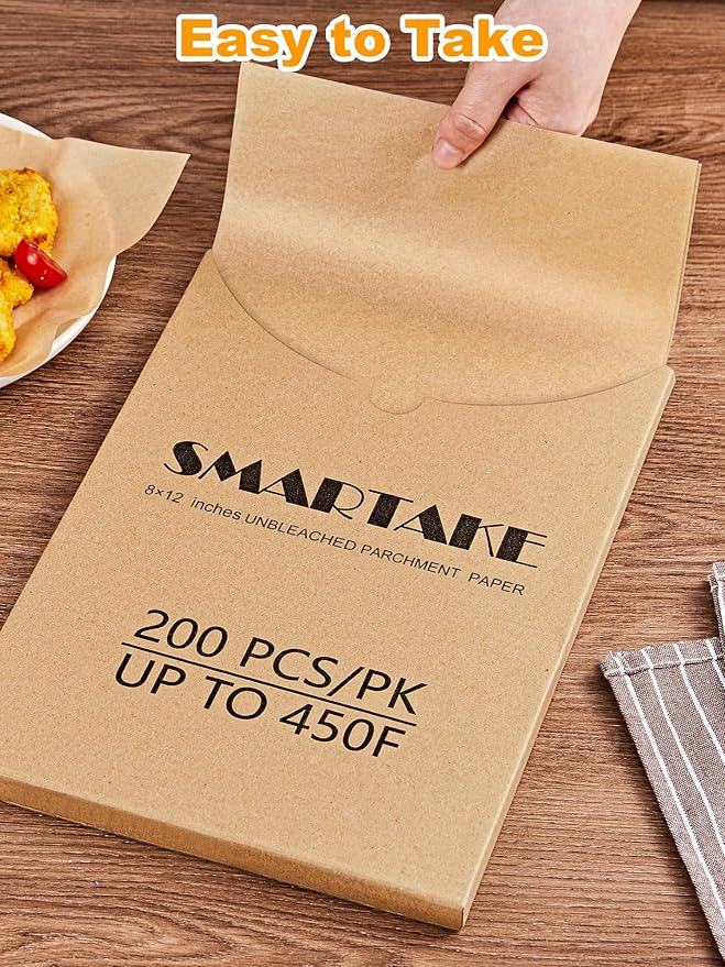 SMARTAKE 200 Pcs Parchment Paper Baking Sheets, 8x12 Inches Non-Stick Precut Baking Parchment, for Baking Grilling Steaming Bread Cup Cake Cookie and More (Unbleached)