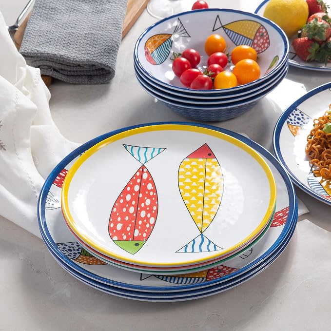 Melamine Dinnerware set for 4, Plates and Bowls Sets, Great for Camper, RV, Indoors Outdoors Use with Ocean Printed, Unbreakable