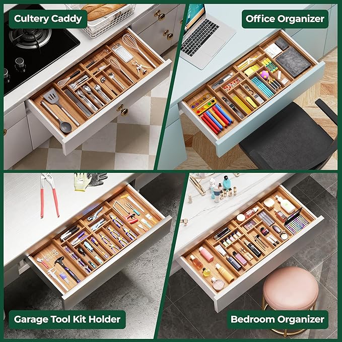 Large Silverware Organizer, 13 Slots Magnetic Connected Expandable Bamboo Utensil Drawer Organizer From 21 to 37.4 Inches, Adjustable Flatware and Cutlery Holder, Utensil Tray for Kitchen Natural