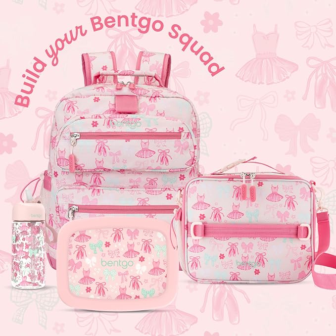 Bentgo Kids Prints Lunch Bag - Double-Insulated, Reusable, for Kids 3+, Adjustable Strap; Holds Lunch Box/Water Bottle/Snacks; Easy-Clean, Water-Resistant, Pockets (NEW Ballet & Bows)
