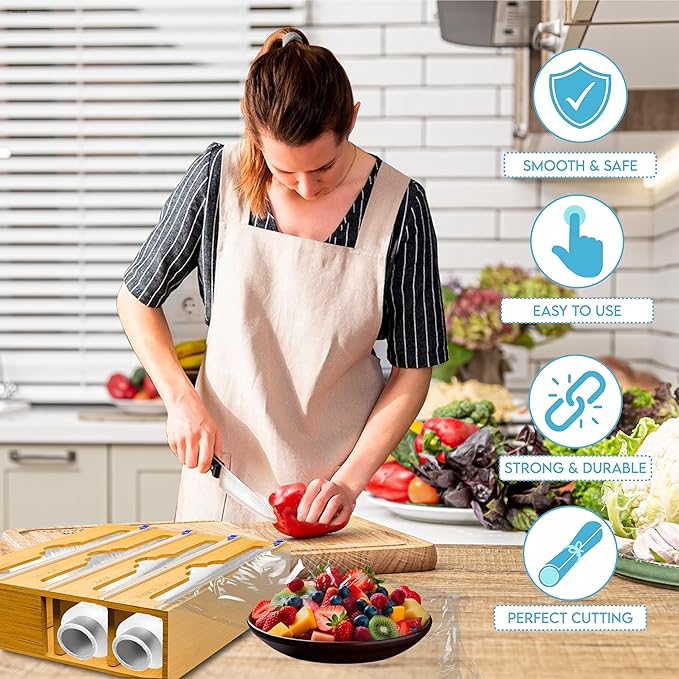 Bamboo Aluminum Foil Organizer & Plastic Wrap Dispenser with Cutter - 4 in 1 Parchment, Wax Paper & Saran Wrap Holder - Tin Foil Food Wrap Organizer for Kitchen Drawer, Countertop & Pantry - 11" Rolls