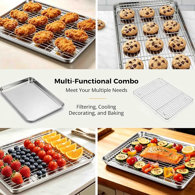Onader Baking Sheet with Cooling Rack Set of 2, 16x12 Inch Stainless Steel Cookie Sheets for Baking, Metal Jelly Roll Pan with Rack for Oven, 2 Pans + 2 Racks, Nonstick & Rust Resistant