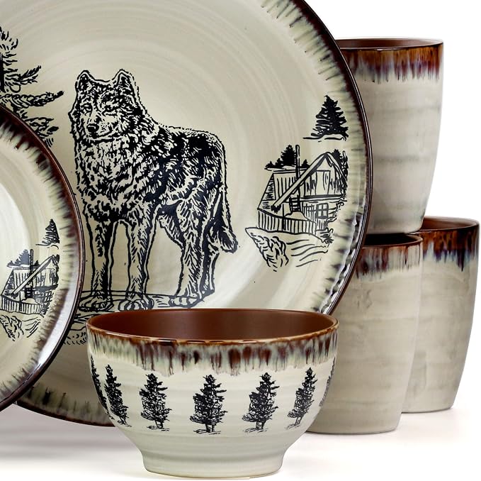 Elama Majestic Wolf 16 Piece Round Stoneware Dinnerware Set in Taupe