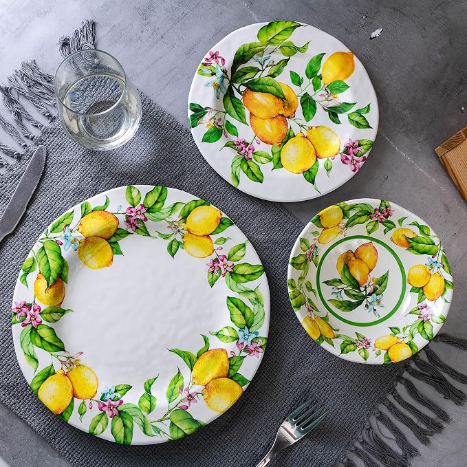 LEHAHA Lemon Melamine Dinnerware Dish Set – 12 Piece Indoor and Outdoor Plates and Bowls Sets for Everyday Use, Dishwasher Safe, Unbreakable Kitchen Dinner Set, Service for 4…