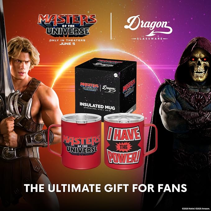Dragon Glassware x Masters of the Universe (MOTU) Stainless Steel Camp Mug - 12 oz Insulated Camping Mug for Coffee, Tea, Matcha, Hot Beverages - Official 2026 Movie Merch - I Have the Power