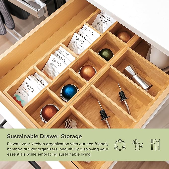 KitchenEdge Premium Utensils and Tea Bag Drawer Organizers – 14-Compartment Design with Removable Dividers, Non-Slip Feet, 100% Sustainable Bamboo, 2 Pack